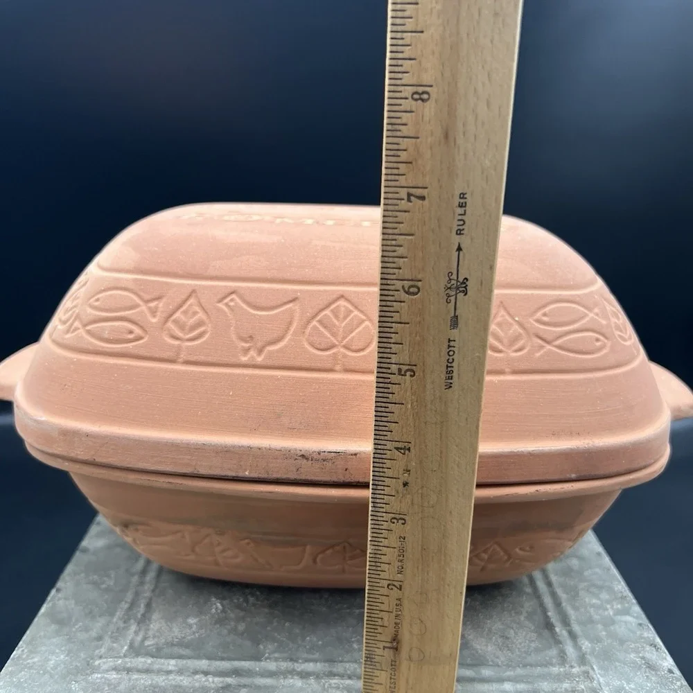 Vintage Romertopf 110 Clay Baker Roaster Terra Cotta Reco Fish Chicken Motif 12